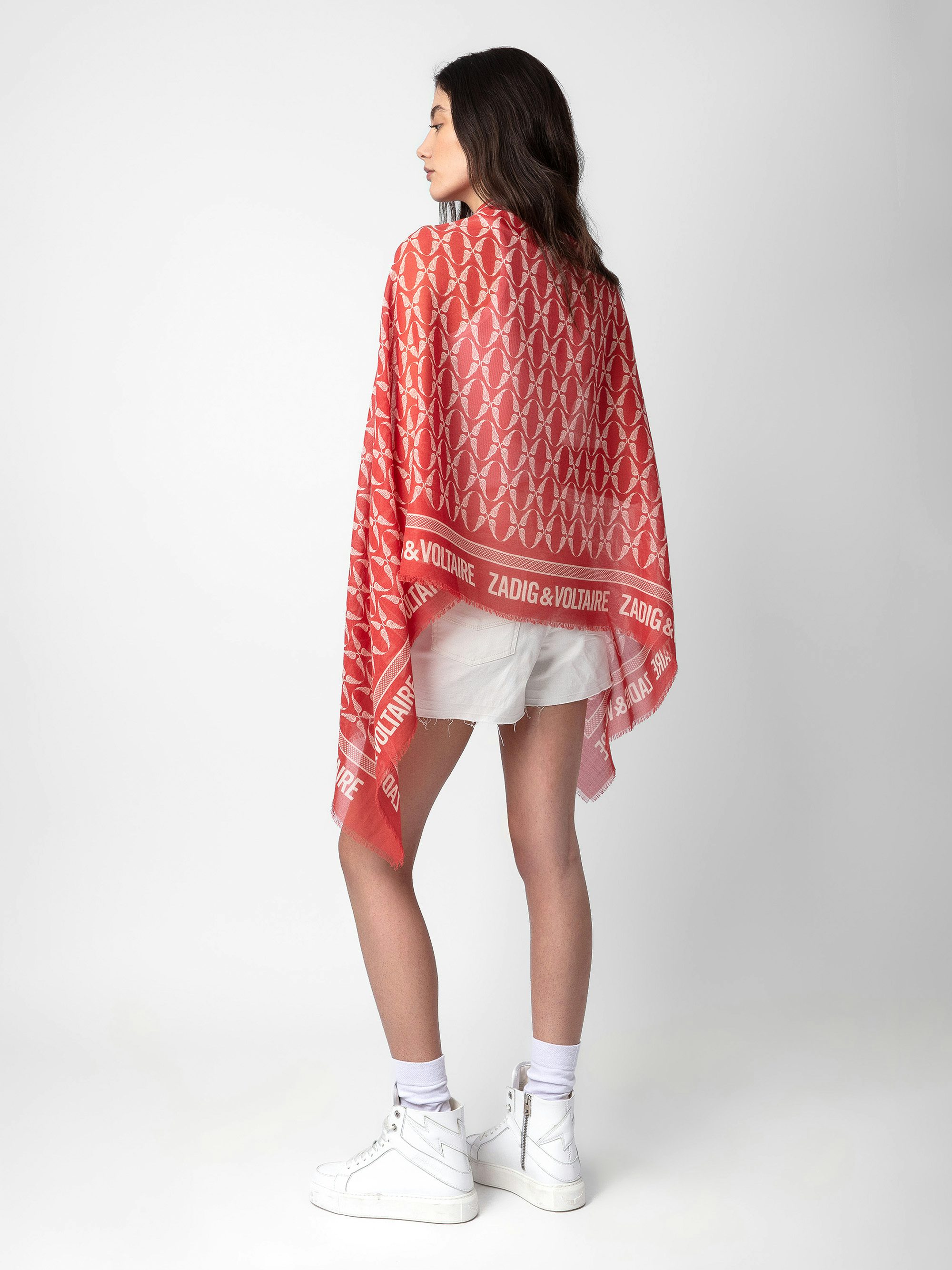 Delta Scarf - Red cotton rectangular scarf with wings print.